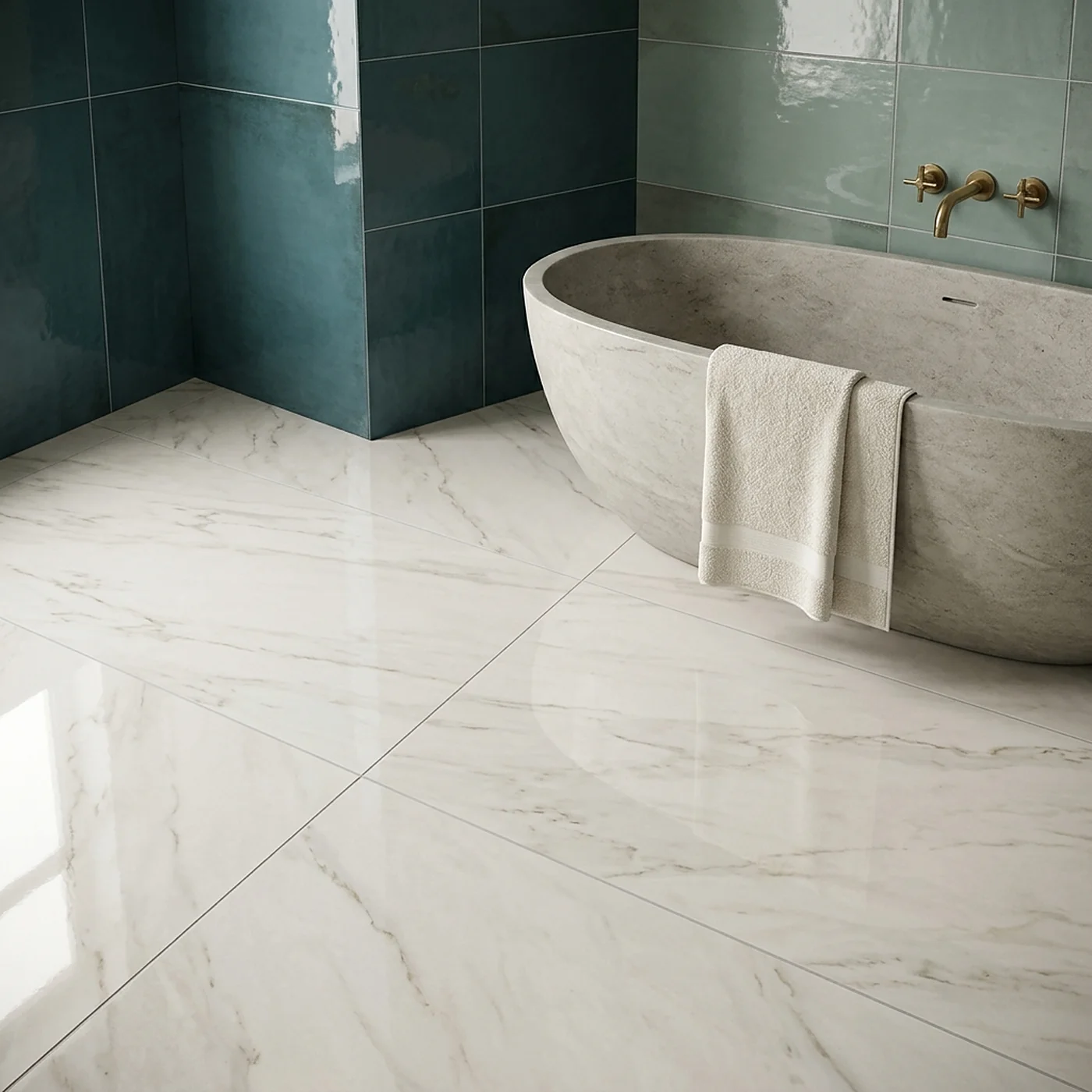 A bathroom with a botanical carved wall tile
